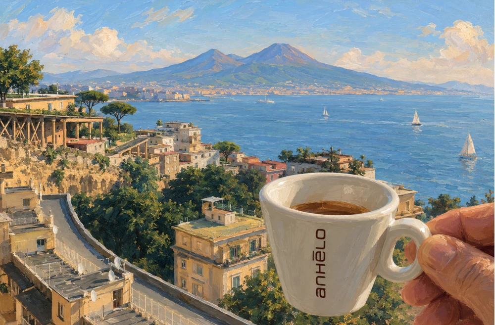 Anhelo: an espresso cup in front of the bay of Naples and Vesuvius