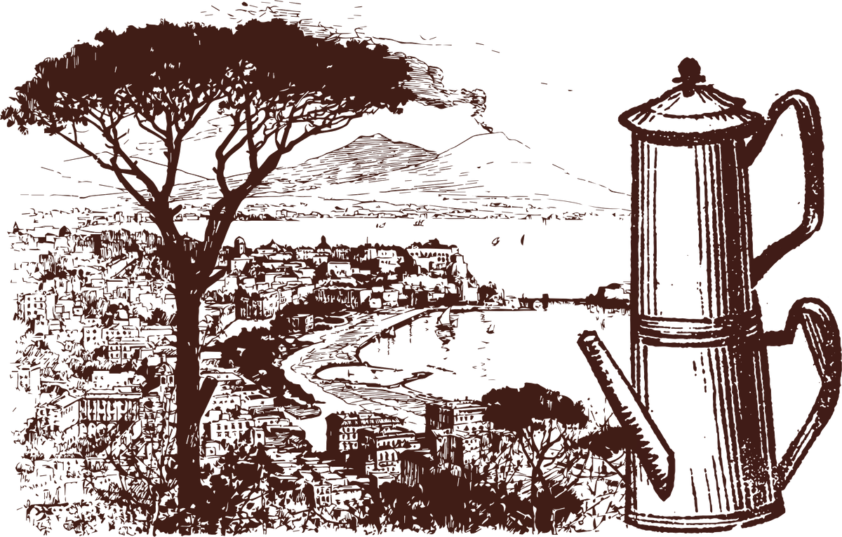 Anhelo illustration: the bay of Naples with Vesuvius and a traditional Neapolitan coffee pot