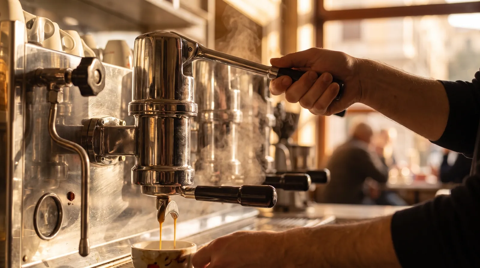 Barista preparing an espresso at the professional machine