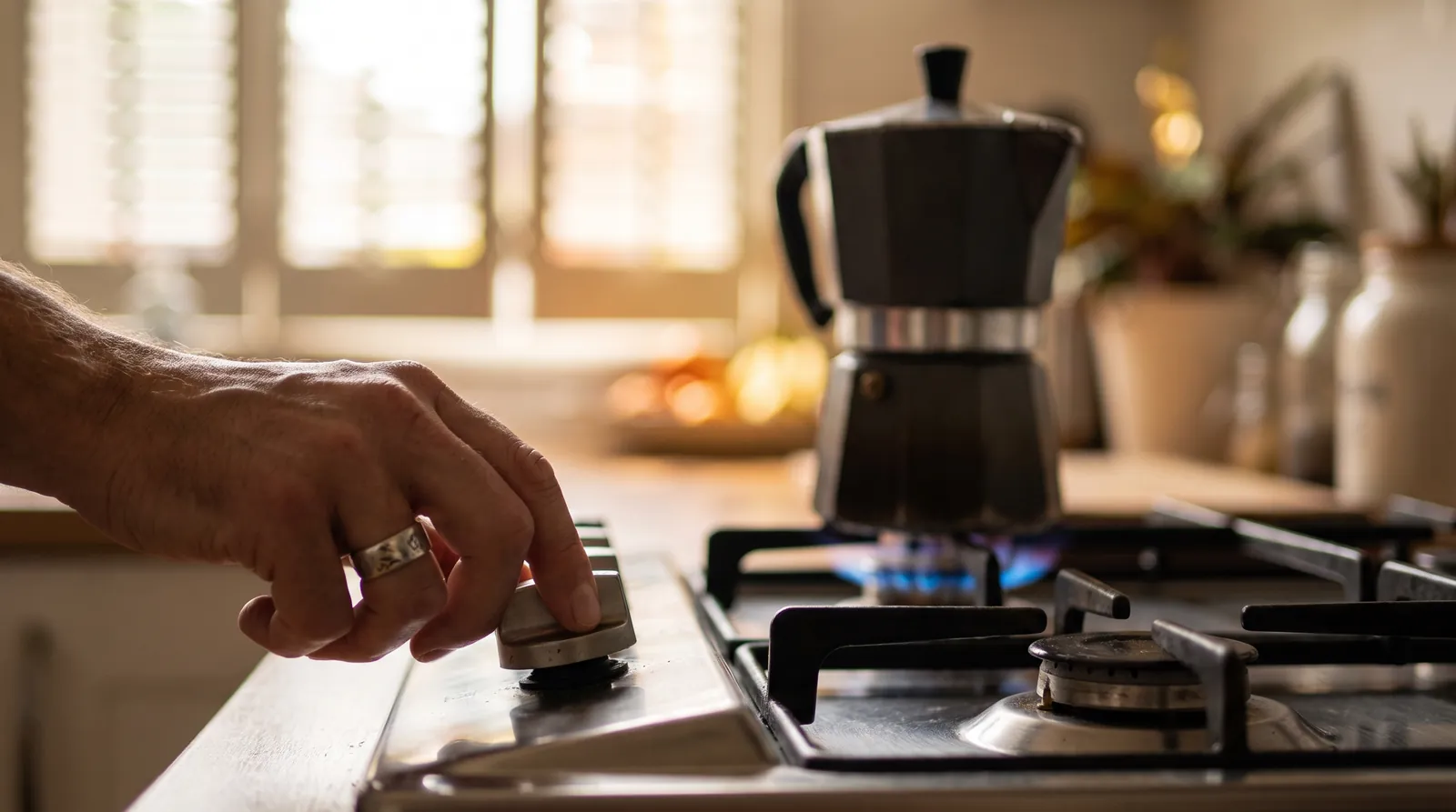 Hand lighting the stove under a moka pot