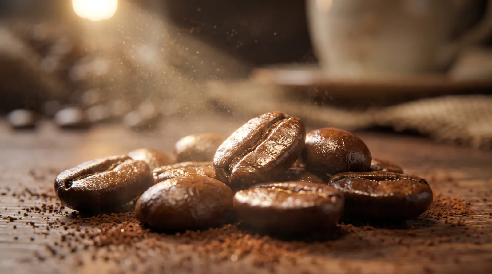 Coffee beans and ground coffee on a table