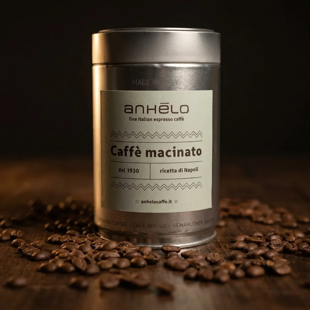 Anhelo tin surrounded by coffee beans on a wooden table