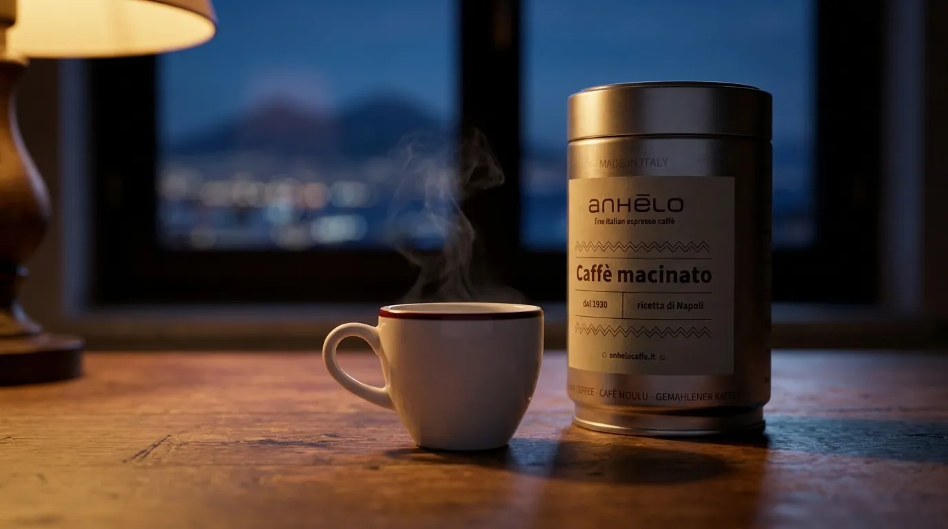 Anhelo tin and steaming cup in front of a window with Naples in the evening in the background
