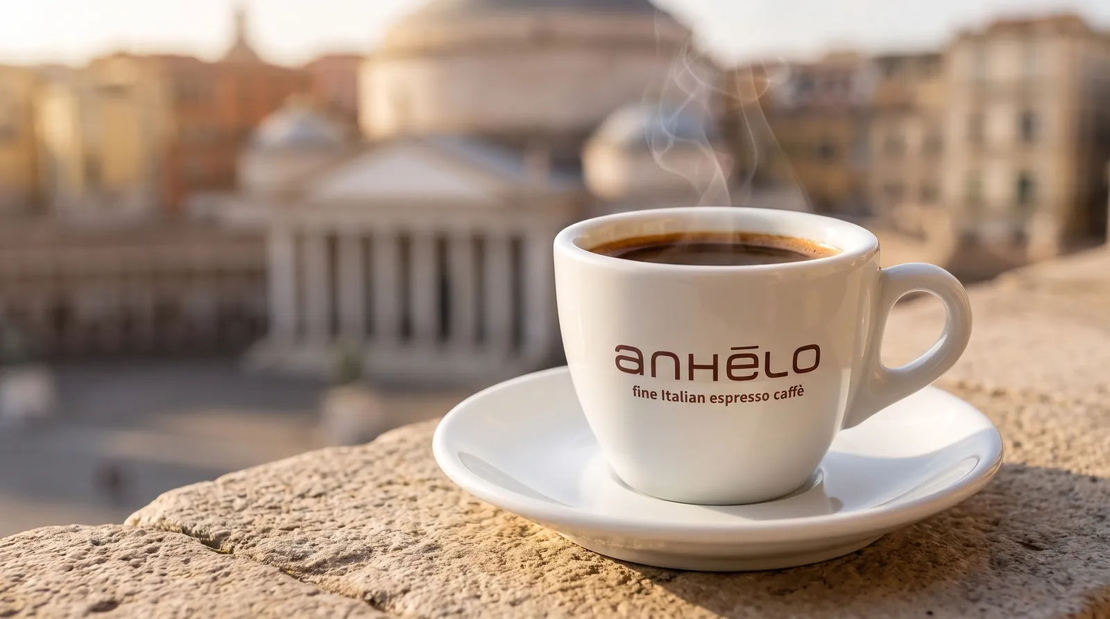Anhelo espresso cup on a parapet overlooking Naples